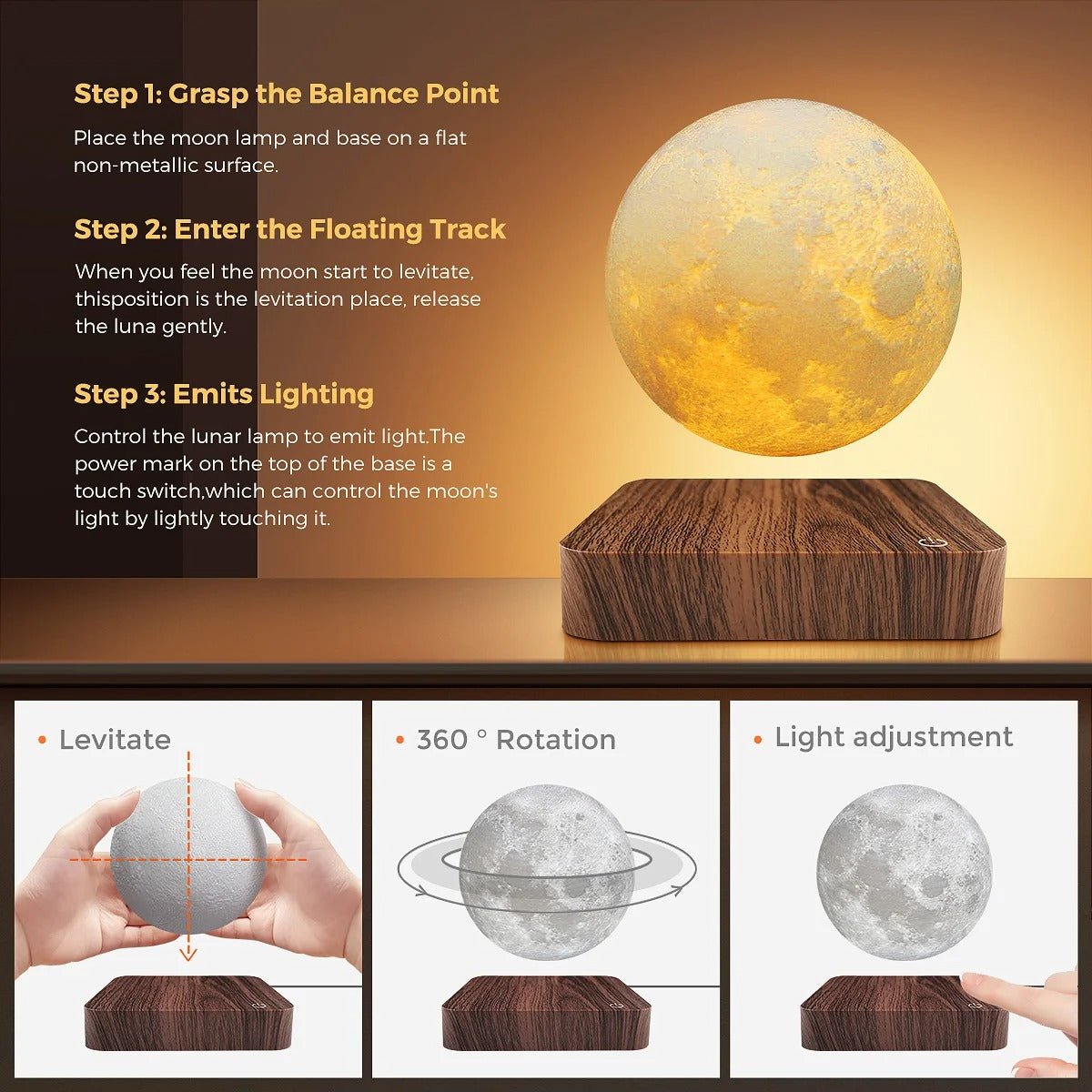 Levitating Moon Magnetic Floating Night Light, 3 Colors Temperature